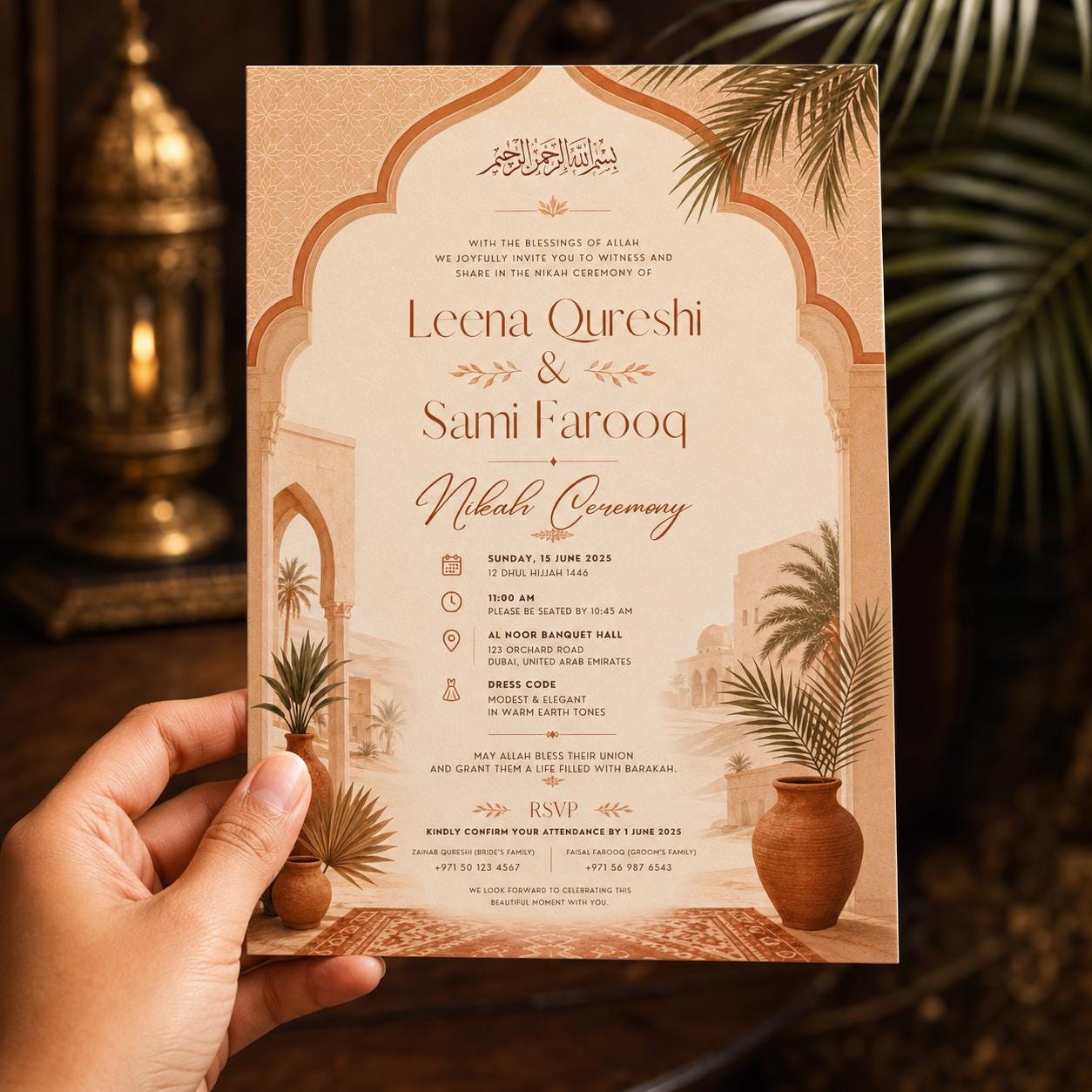 Terracotta Nikah Invitation, Boho Desert Islamic Wedding Invite, Arabic Arch Earth Tone Editable Canva Template - Image 4