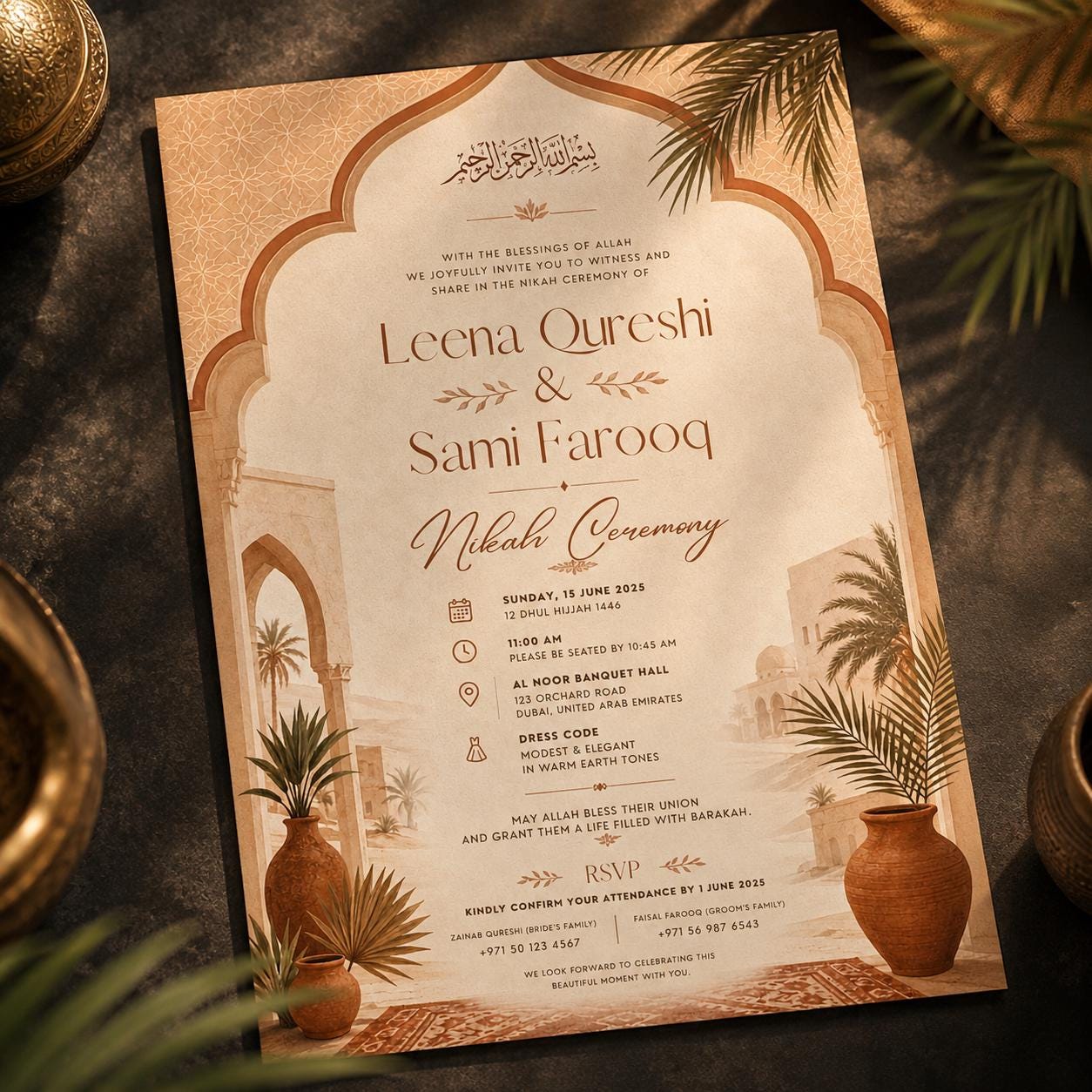 Terracotta Nikah Invitation, Boho Desert Islamic Wedding Invite, Arabic Arch Earth Tone Editable Canva Template - Image 6