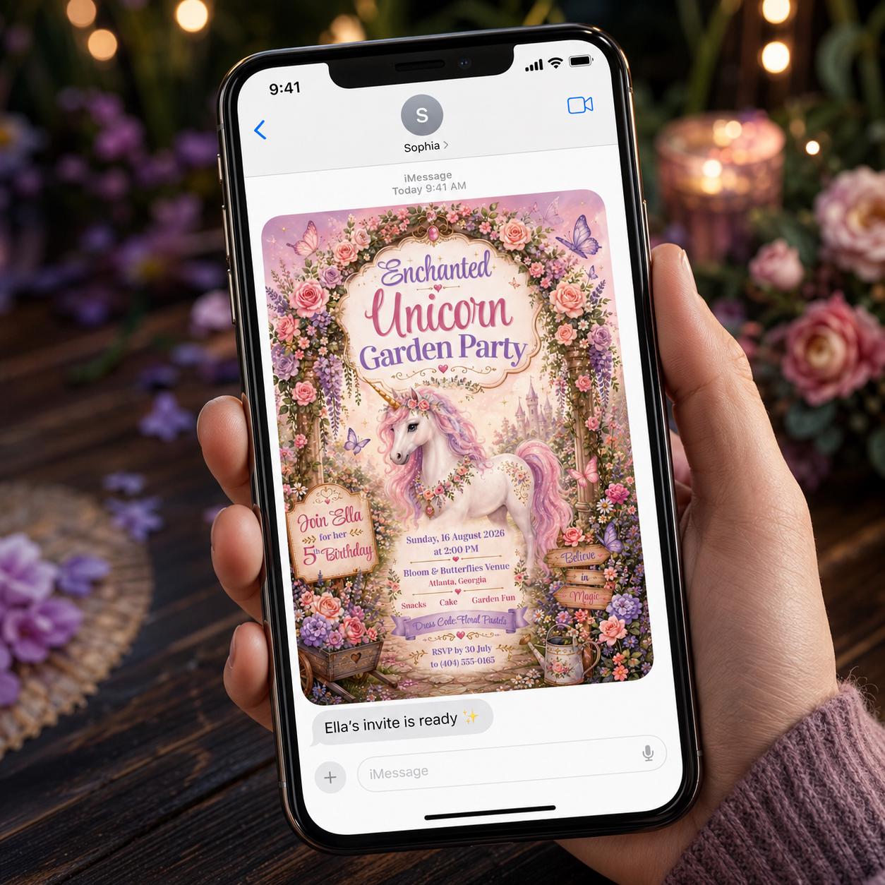 Unicorn Birthday Invitation, Enchanted Garden Floral Party for Girls, Pastel 5th Birthday Editable Canva Template - Image 4