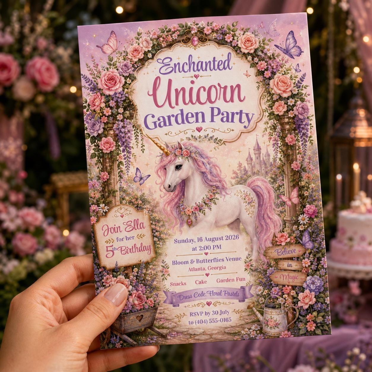 Unicorn Birthday Invitation, Enchanted Garden Floral Party for Girls, Pastel 5th Birthday Editable Canva Template - Image 5