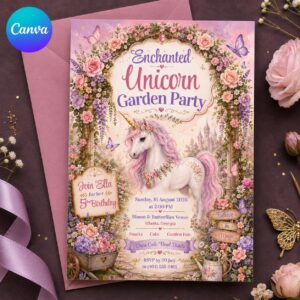 Unicorn Birthday Invitation, Enchanted Garden Floral Party for Girls, Pastel 5th Birthday Editable Canva Template