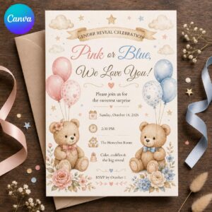 Teddy Bear Gender Reveal Invitation, Pink or Blue Watercolor Balloons, He or She Editable Party Canva Template
