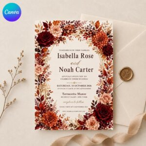 Fall Wedding Invitation, Burgundy Terracotta Floral Autumn Ceremony, Elegant Printable Editable Canva Template