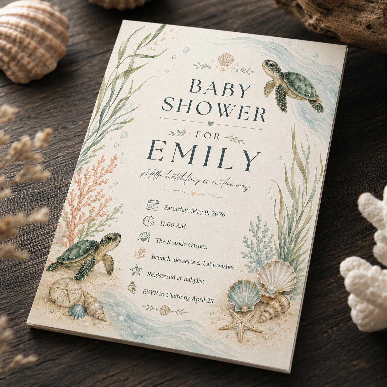 Sea Turtle Baby Shower Invitation, Coastal Under the Sea Seashell Party, Neutral Watercolor Editable Canva Template - Image 5