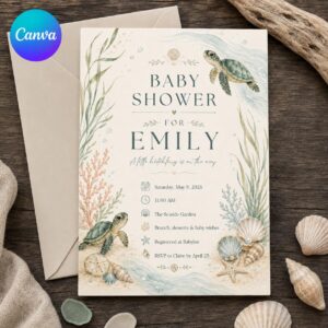 Sea Turtle Baby Shower Invitation, Coastal Under the Sea Seashell Party, Neutral Watercolor Editable Canva Template
