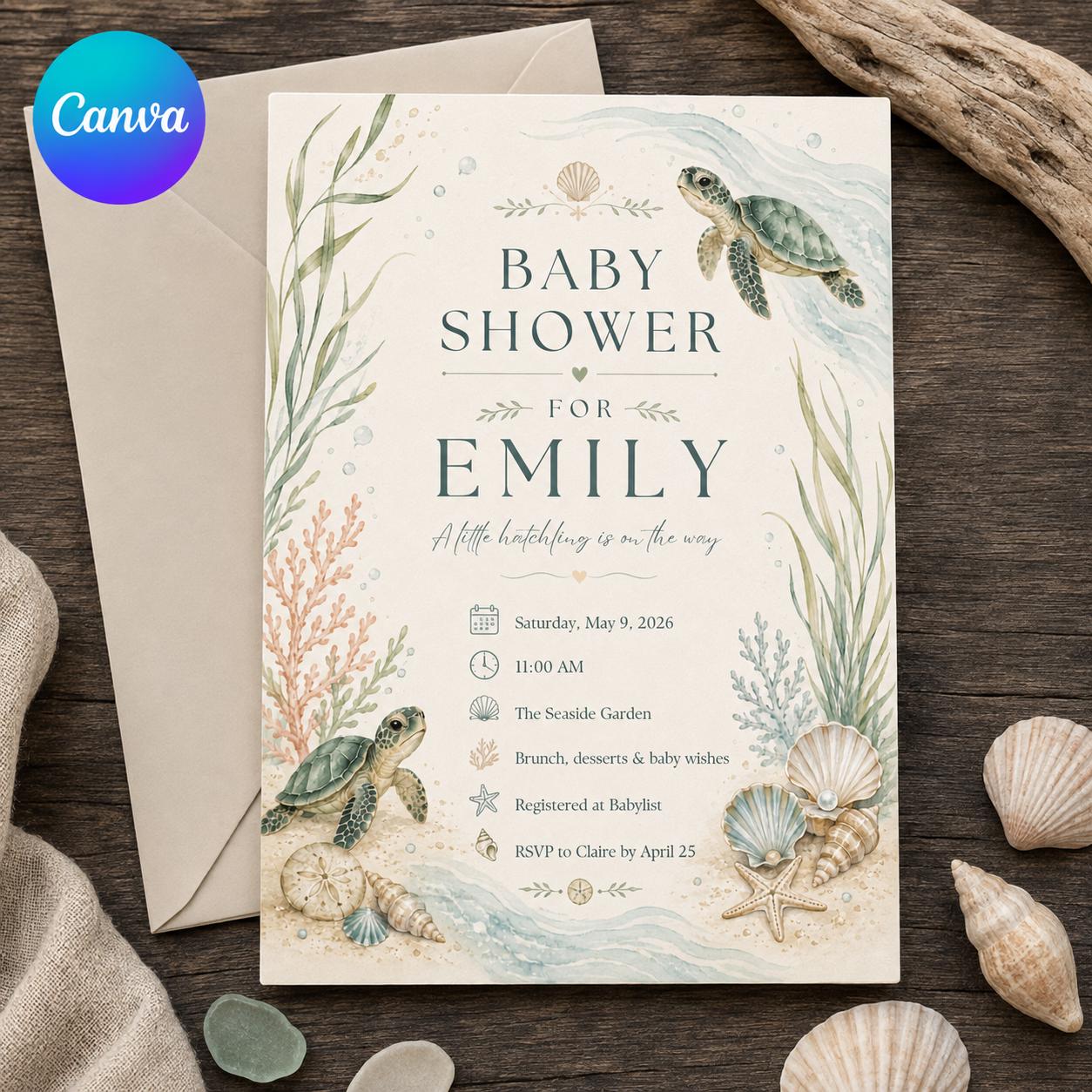 Sea Turtle Baby Shower Invitation, Coastal Under the Sea Seashell Party, Neutral Watercolor Editable Canva Template