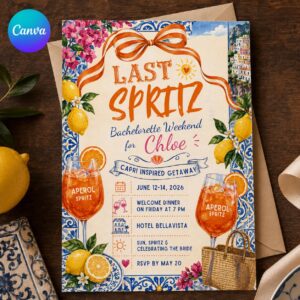 Aperol Spritz Bachelorette Invitation, Last Spritz Amalfi Coast Weekend, Italian Lemon Party Editable Canva Template