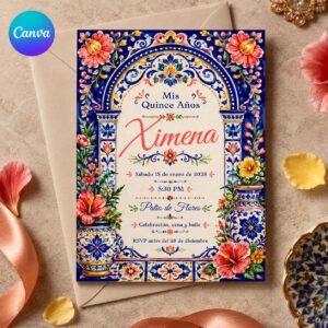 Talavera Quinceanera Invitation, Spanish Blue Floral Mexican Sweet 15 Party, Editable Printable Canva Template