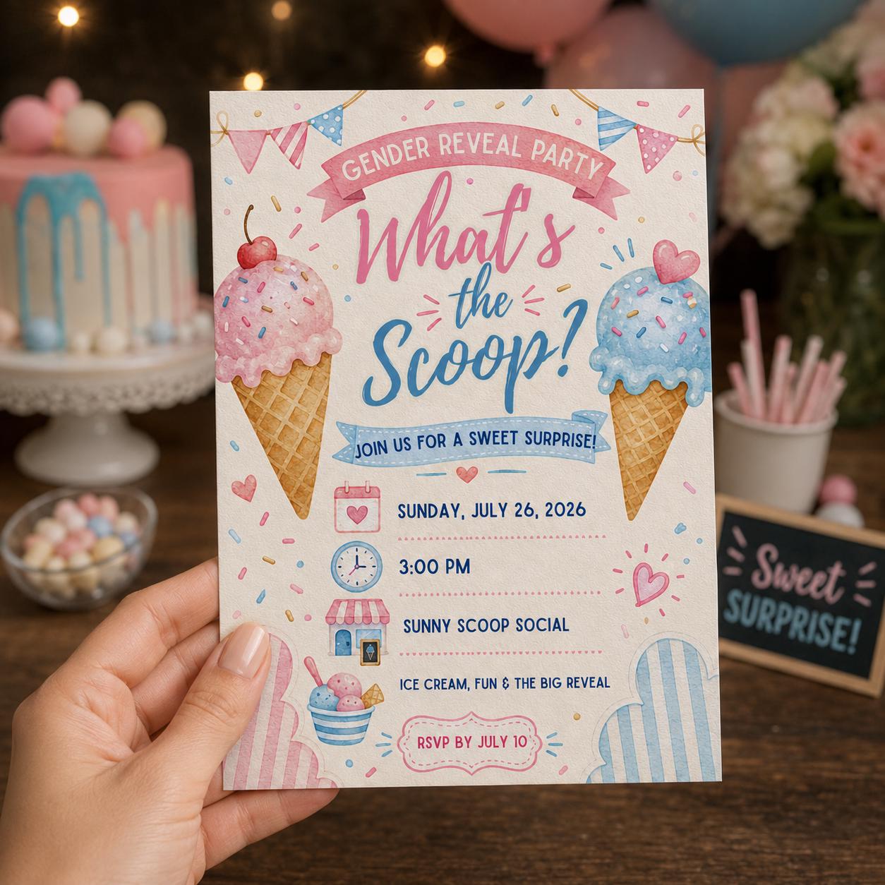 What's the Scoop Gender Reveal Invitation, Pink Blue Ice Cream Boy or Girl Party, Editable Printable Canva Template - Image 5