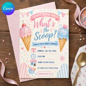 What's the Scoop Gender Reveal Invitation, Pink Blue Ice Cream Boy or Girl Party, Editable Printable Canva Template