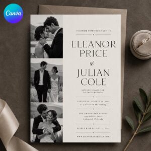 Photo Wedding Invitation, Minimalist Black and White Modern Couple Collage, Editable Printable Canva Template