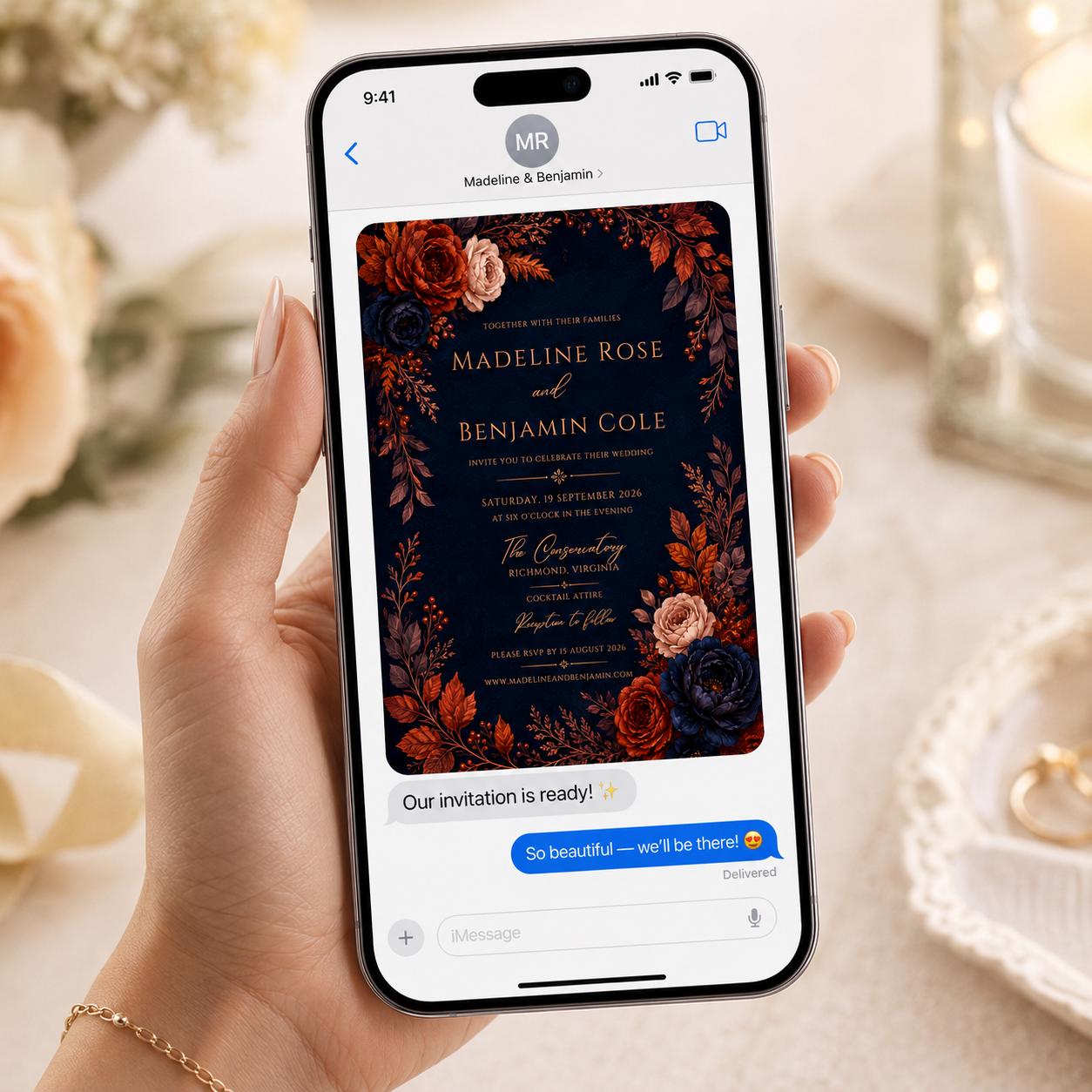 Fall Wedding Invitation, Navy Rust Floral Autumn Ceremony, Moody Elegant Editable Printable Canva Template - Image 6