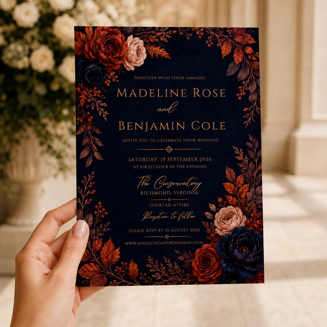 Fall Wedding Invitation, Navy Rust Floral Autumn Ceremony, Moody Elegant Editable Printable Canva Template - Image 5