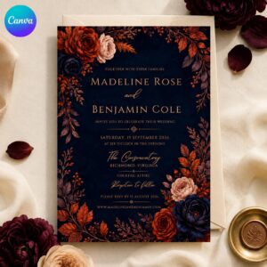 Fall Wedding Invitation, Navy Rust Floral Autumn Ceremony, Moody Elegant Editable Printable Canva Template