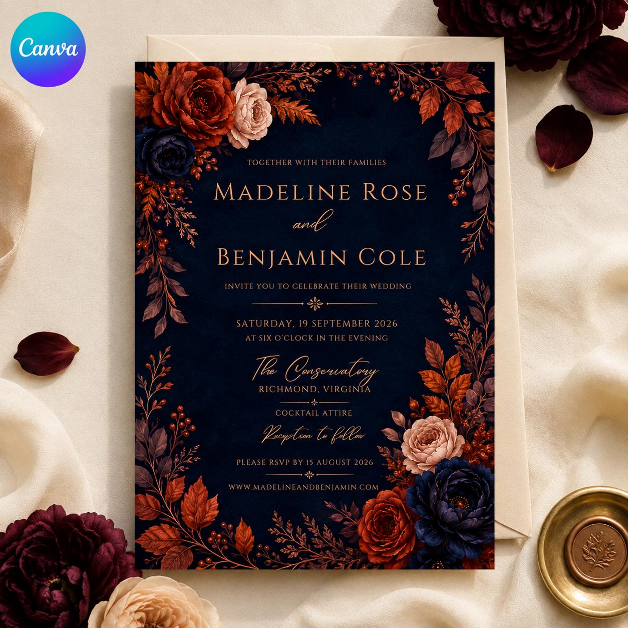 Fall Wedding Invitation, Navy Rust Floral Autumn Ceremony, Moody Elegant Editable Printable Canva Template