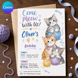 Cat Birthday Invitation, Come Meow With Us Kitten Party, Watercolor 4th Birthday Editable Canva Template