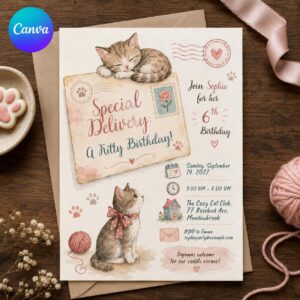Cat Birthday Invitation, Special Delivery Kitty Party for Girls, Watercolor 6th Birthday Editable Canva Template