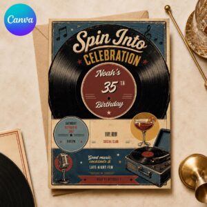 Vinyl Record Birthday Invitation, Retro Music 35th Birthday Party for Men, Vintage Cocktail Editable Canva Template