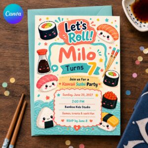 Kawaii Sushi Birthday Invitation, Let's Roll Japanese Food Party for Kids, Colorful Editable Canva Template