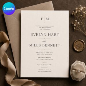 Minimalist Wedding Invitation, Modern Elegant Typography Monogram, Simple Printable Editable Canva Template