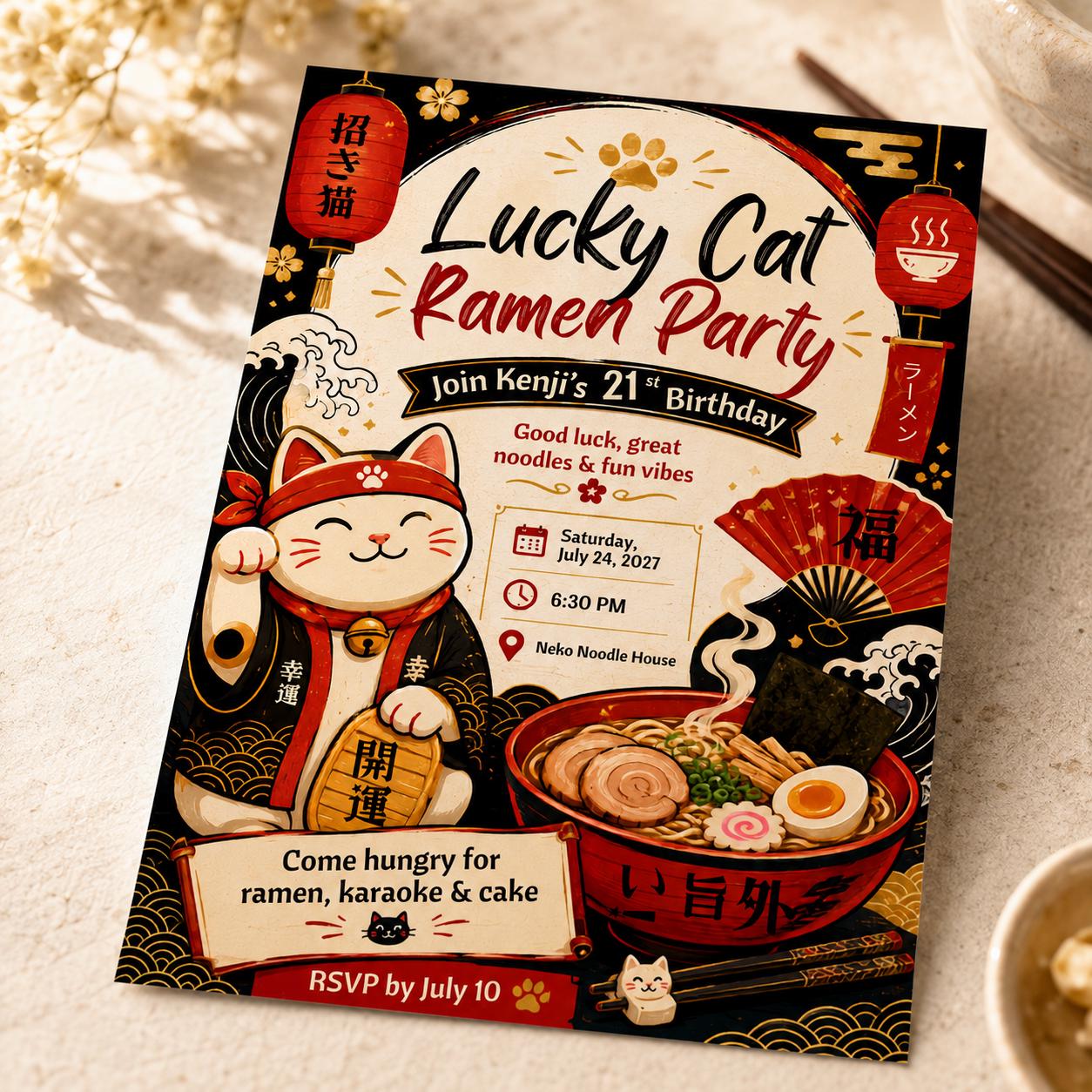 Lucky Cat Ramen Birthday Invitation, Maneki Neko Japanese Noodle Party, 21st Birthday Editable Canva Template - Image 4
