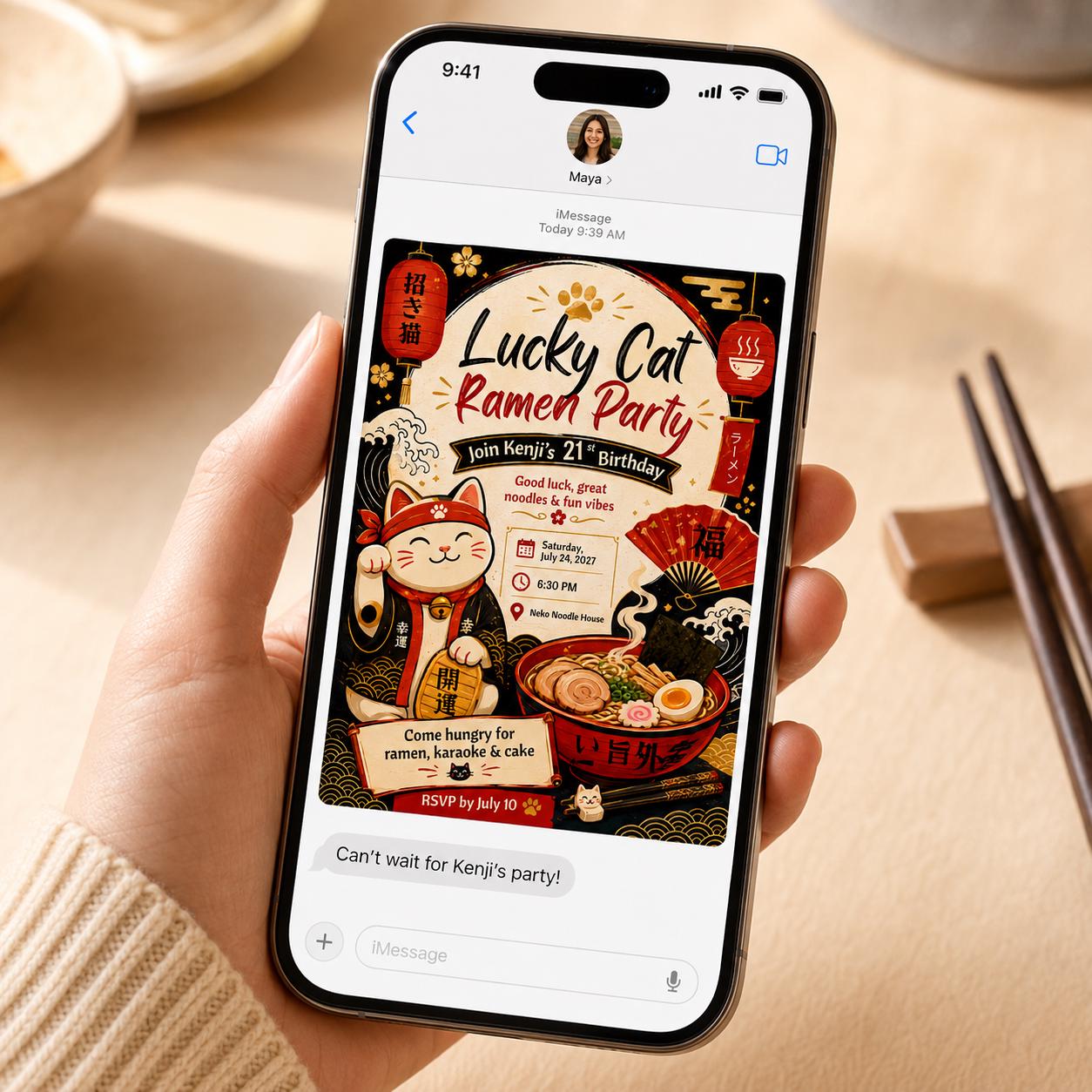 Lucky Cat Ramen Birthday Invitation, Maneki Neko Japanese Noodle Party, 21st Birthday Editable Canva Template - Image 5