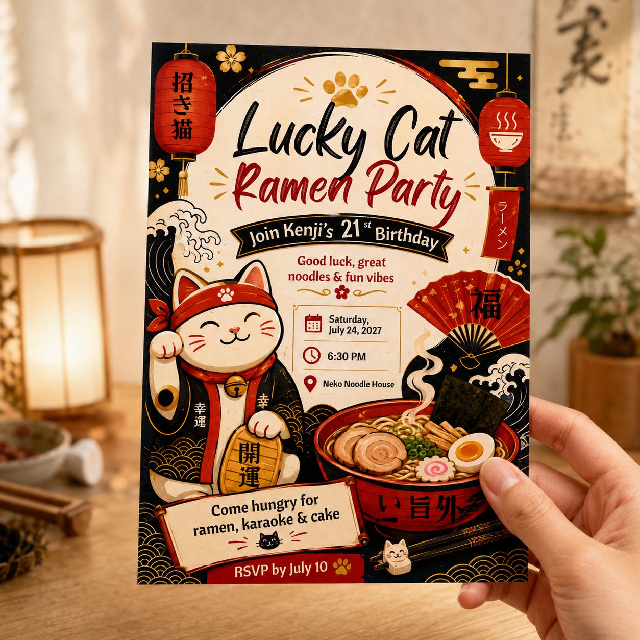 Lucky Cat Ramen Birthday Invitation, Maneki Neko Japanese Noodle Party, 21st Birthday Editable Canva Template - Image 6