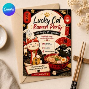 Lucky Cat Ramen Birthday Invitation, Maneki Neko Japanese Noodle Party, 21st Birthday Editable Canva Template