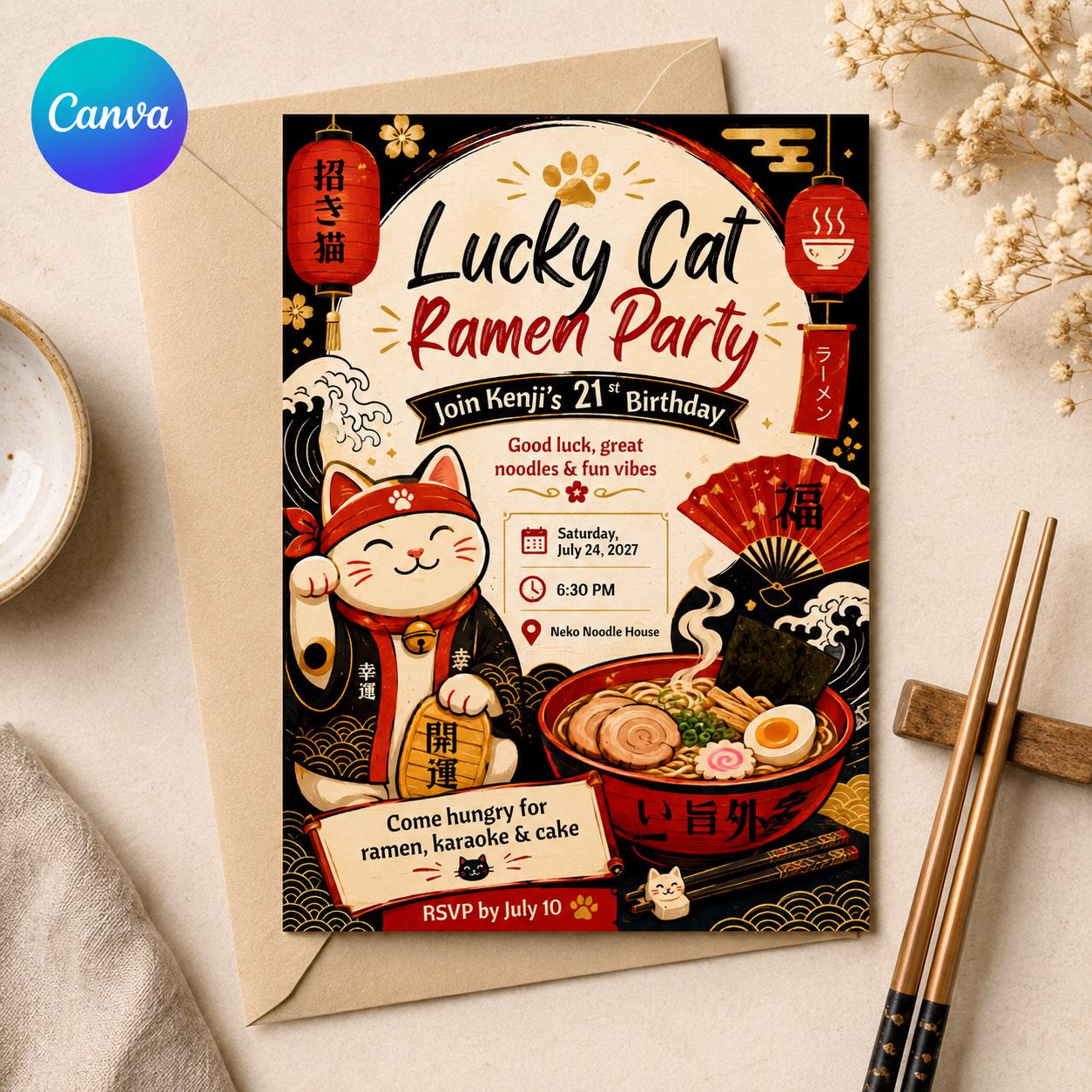 Lucky Cat Ramen Birthday Invitation, Maneki Neko Japanese Noodle Party, 21st Birthday Editable Canva Template
