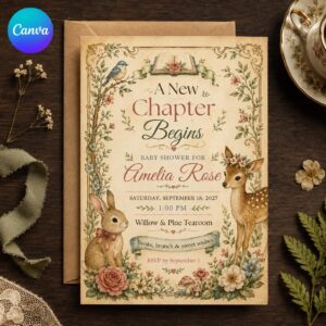 A New Chapter Begins Baby Shower Invitation, Vintage Storybook Woodland Animals, Gender Neutral Editable Canva Template