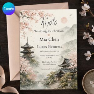 Japanese Wedding Invitation, Kyoto Cherry Blossom Garden Ceremony, Elegant Watercolor Editable Canva Template