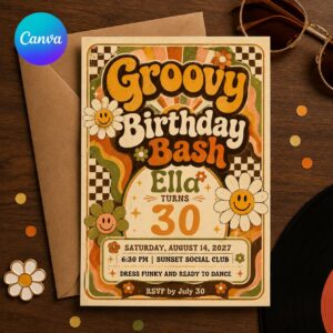 30th Birthday Invitation, Groovy Retro 70s Flower Power Smiley Party, Editable Printable Canva Template