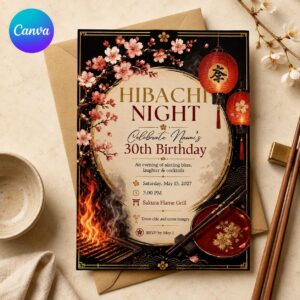 Hibachi Birthday Invitation, Japanese Grill 30th Dinner Party, Black Red Gold Editable Printable Canva Template