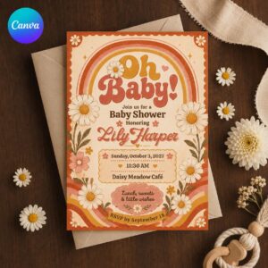 Groovy Baby Shower Invitation, Retro 70s Daisy Rainbow Oh Baby Girl Party, Editable Printable Canva Template