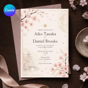 Cherry Blossom Wedding Invitation, Japanese Sakura Garden Ceremony, Blush Minimal Editable Printable Canva Template