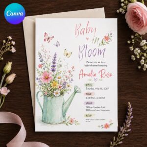 Baby in Bloom Baby Shower Invitation, Editable Wildflower Floral Girl Shower Invite, Spring Garden Printable, Canva Template