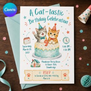 Cat Birthday Invitation, Cute Kitten Party Invite for Kids, Cat-Tastic 9th Birthday Printable Editable, Canva Template