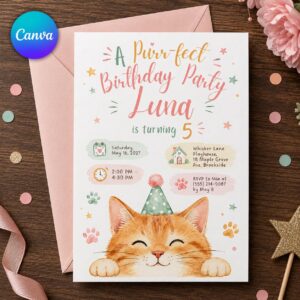 Cat Birthday Invitation Girl, Purrfect Kitty Party Invite, Cute Orange Kitten 5th Birthday Printable Editable, Canva Template
