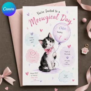 Kitten Birthday Invitation Girl, Meowgical Cat Party Invite, Pink Purple 7th Birthday Printable Editable, Canva Template