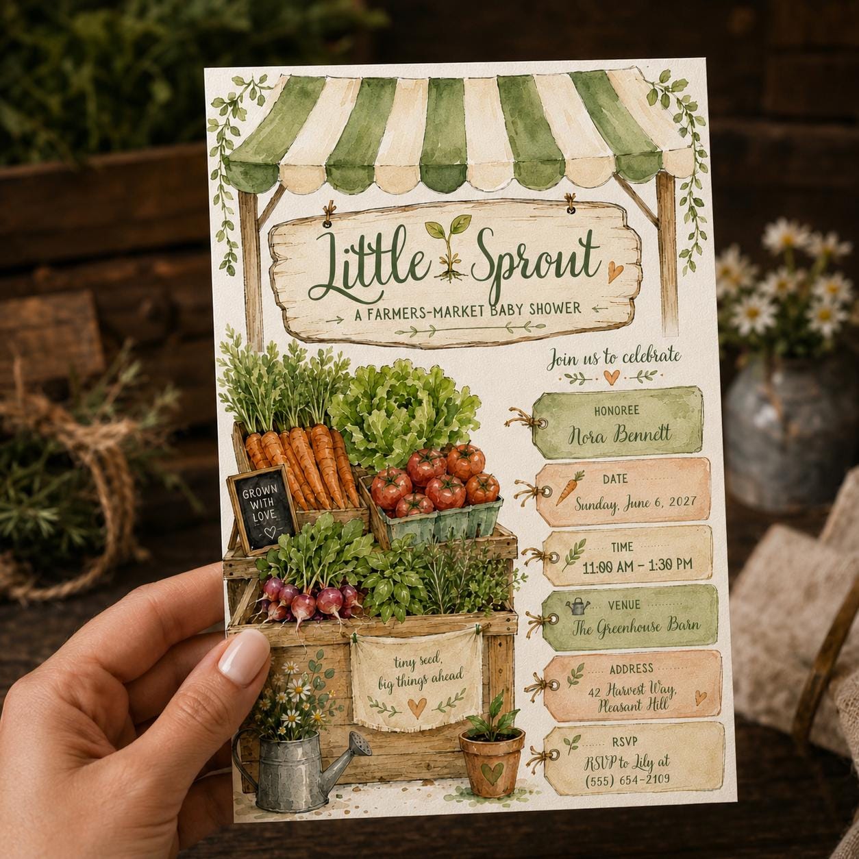 Farmers Market Baby Shower Invitation, Little Sprout Garden Theme Invite, Locally Grown Vegetable Printable, Canva Template - Image 4
