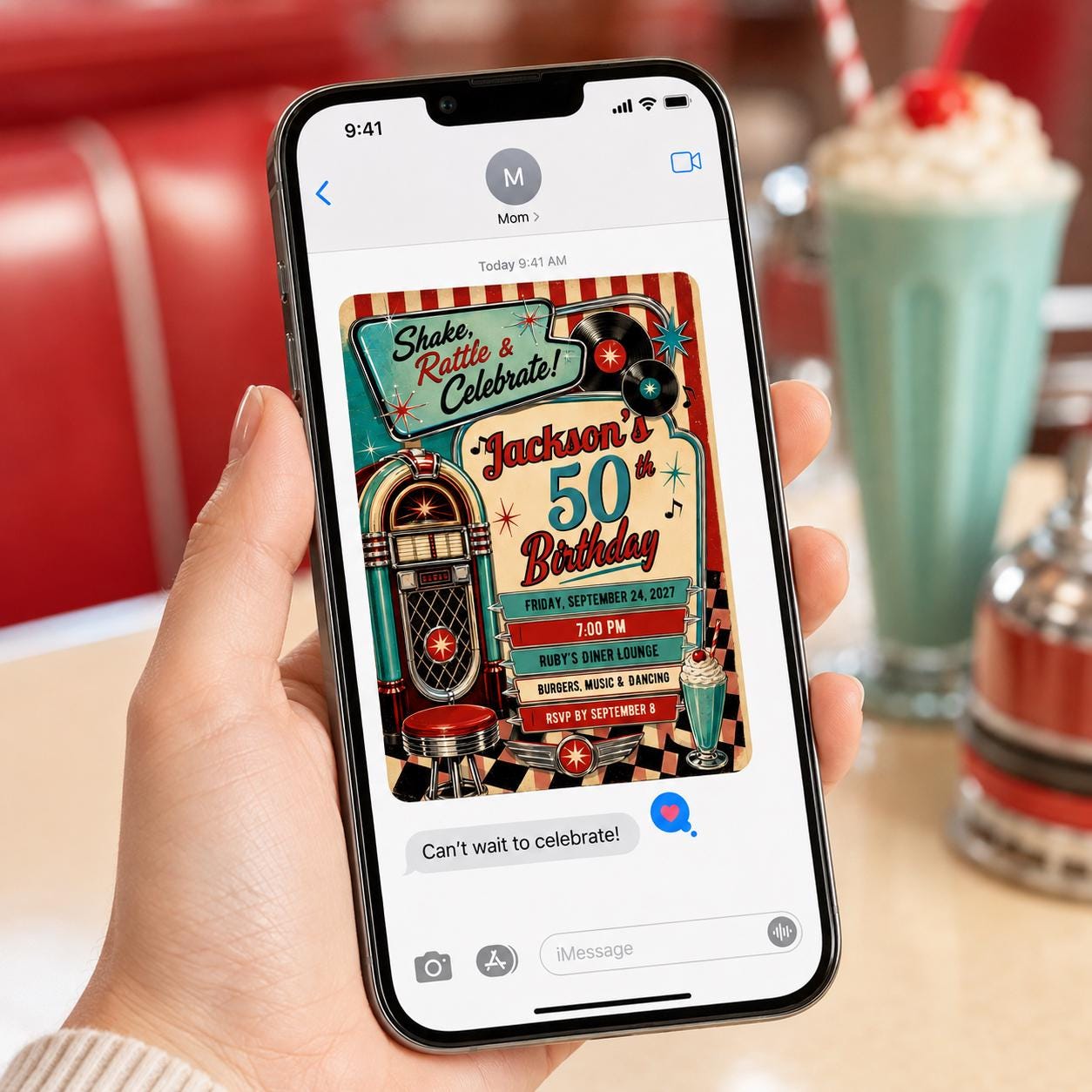50th Birthday Invitation, Retro Diner Rock and Roll Party Invite, Jukebox 1950s Adult Printable Editable, Canva Template - Image 6