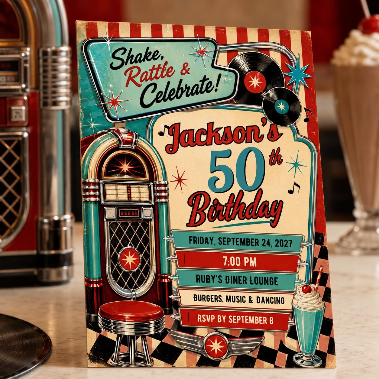 50th Birthday Invitation, Retro Diner Rock and Roll Party Invite, Jukebox 1950s Adult Printable Editable, Canva Template - Image 5