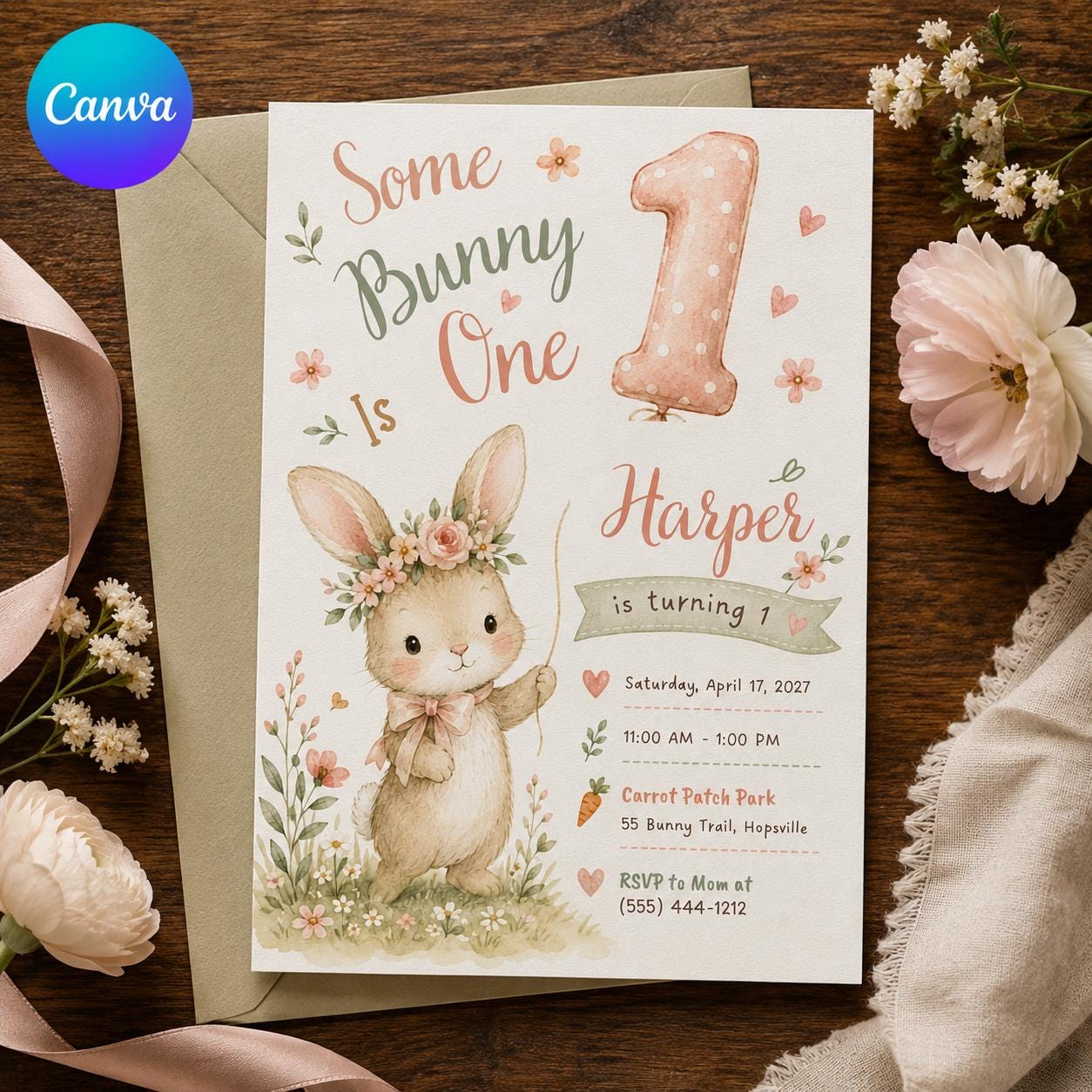 Some Bunny Is One Invitation, Girl First Birthday Invite, Floral Rabbit Spring Party Printable Editable, Canva Template