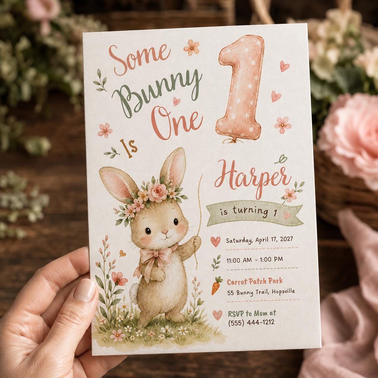 Some Bunny Is One Invitation, Girl First Birthday Invite, Floral Rabbit Spring Party Printable Editable, Canva Template - Image 4