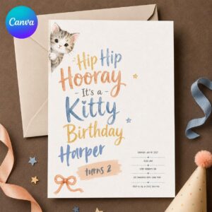 Kitty Birthday Invitation, Minimal Watercolor Cat Party Invite for Kids, Editable Canva Template