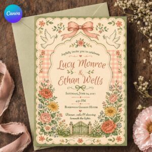 Vintage Floral Wedding Invitation, Cottage Garden Bow and Dove Editable Canva Template