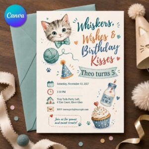 Cat Birthday Invitation, Watercolor Kitten Party Invite for Kids, Whiskers Wishes Editable Canva Template