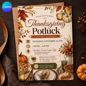 Thanksgiving Potluck Invitation, Autumn Dinner Party Flyer, Editable Fall Gathering Canva Template