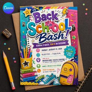 Back to School Bash Invitation, Colorful School Year Kickoff Party Flyer, Editable Printable Canva Template