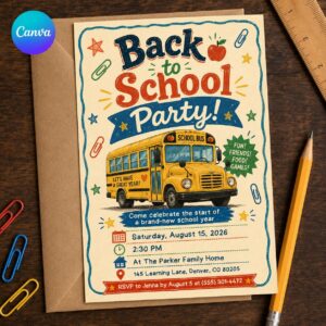 Back to School Party Invitation, School Bus Bash, End of Summer Kids Celebration, Editable Canva Template